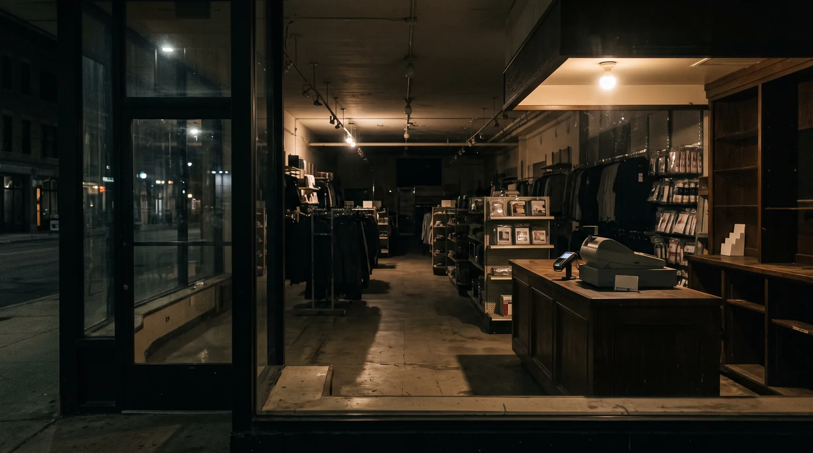 A closed storefront seen through the glass at night, register counter and empty aisles.