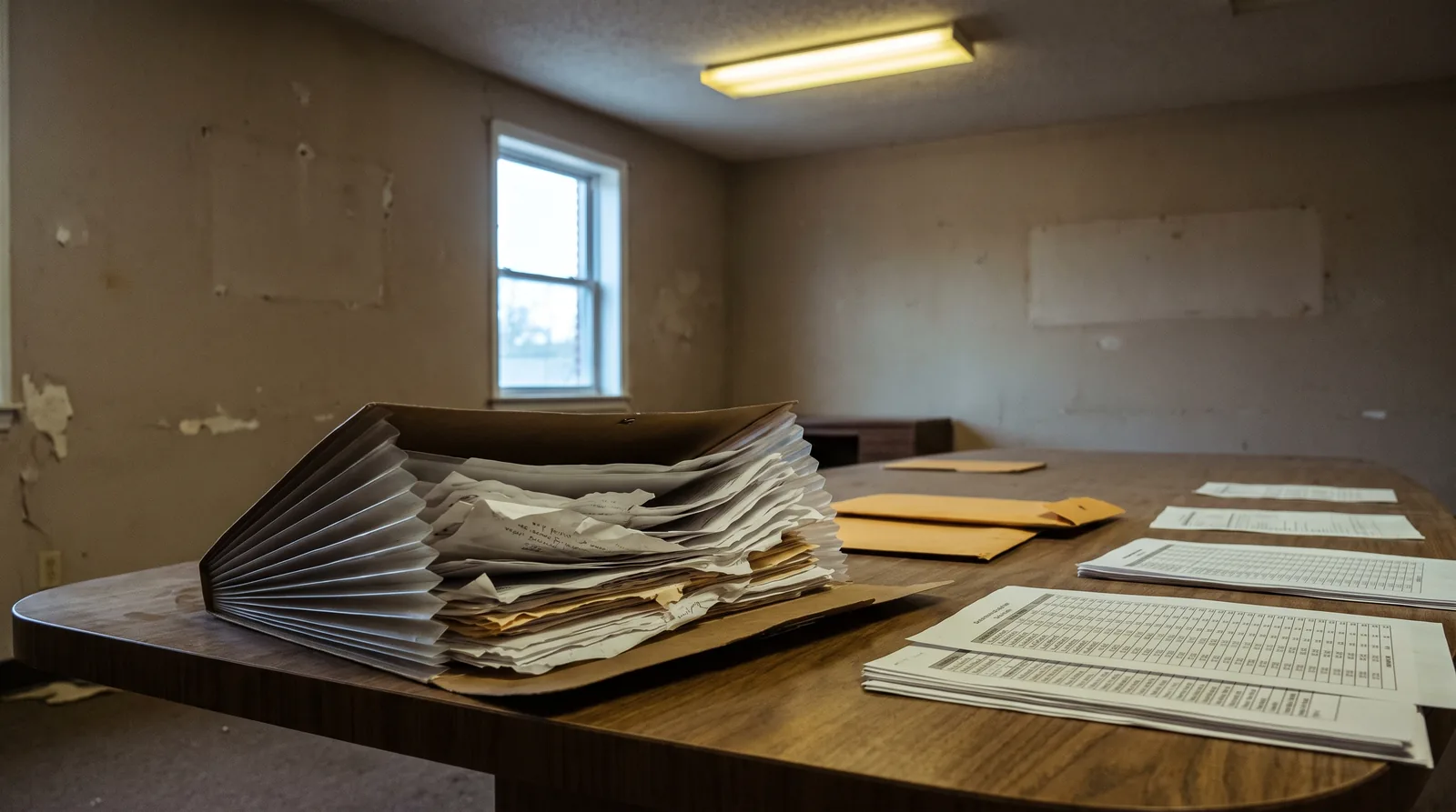 An accordion file of invoices and printed spreadsheets spread across a table in an empty back office.