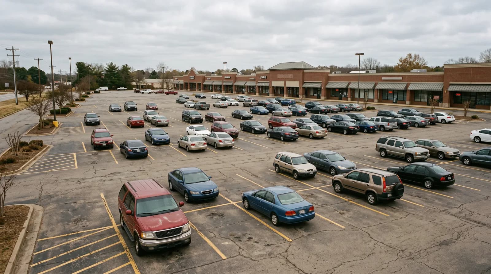 A half-full shopping center parking lot with faded striping, seen from above at an angle.