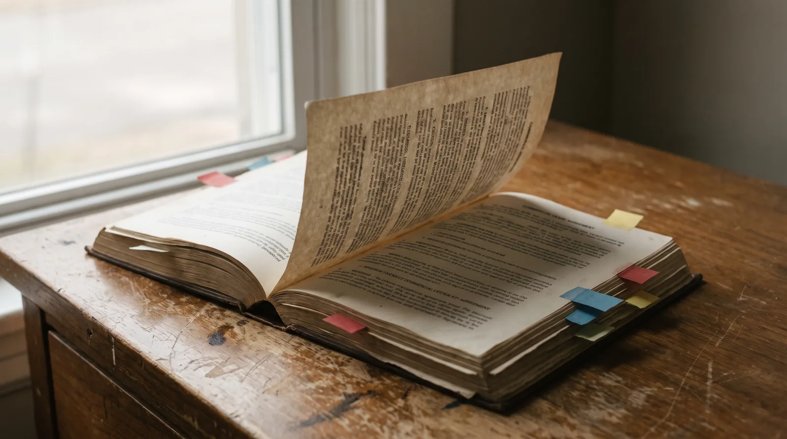 A tabbed commercial lease document open on a wooden desk, one page turning.