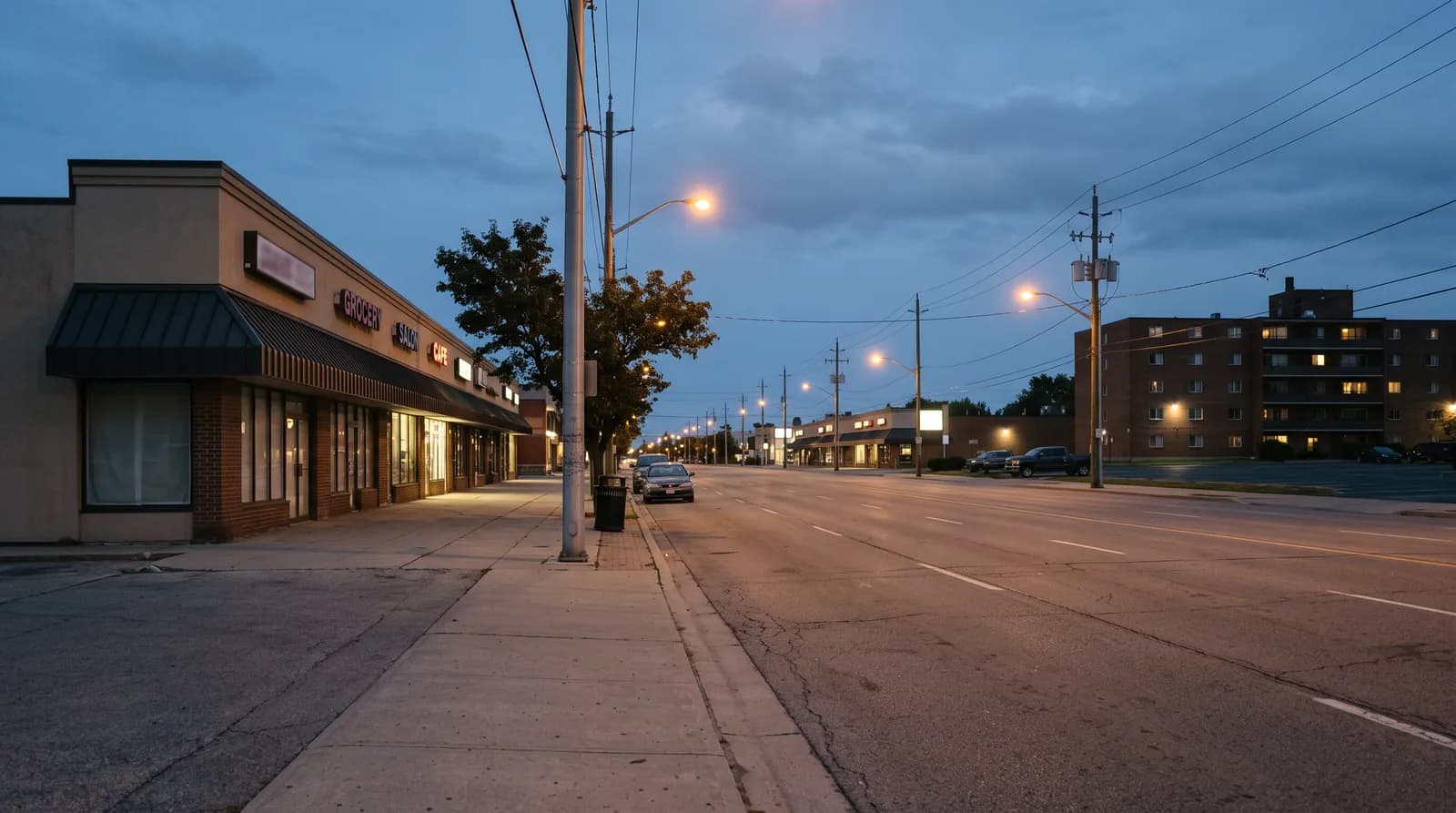 A suburban commercial corridor at dusk with a strip center and an apartment block behind it.