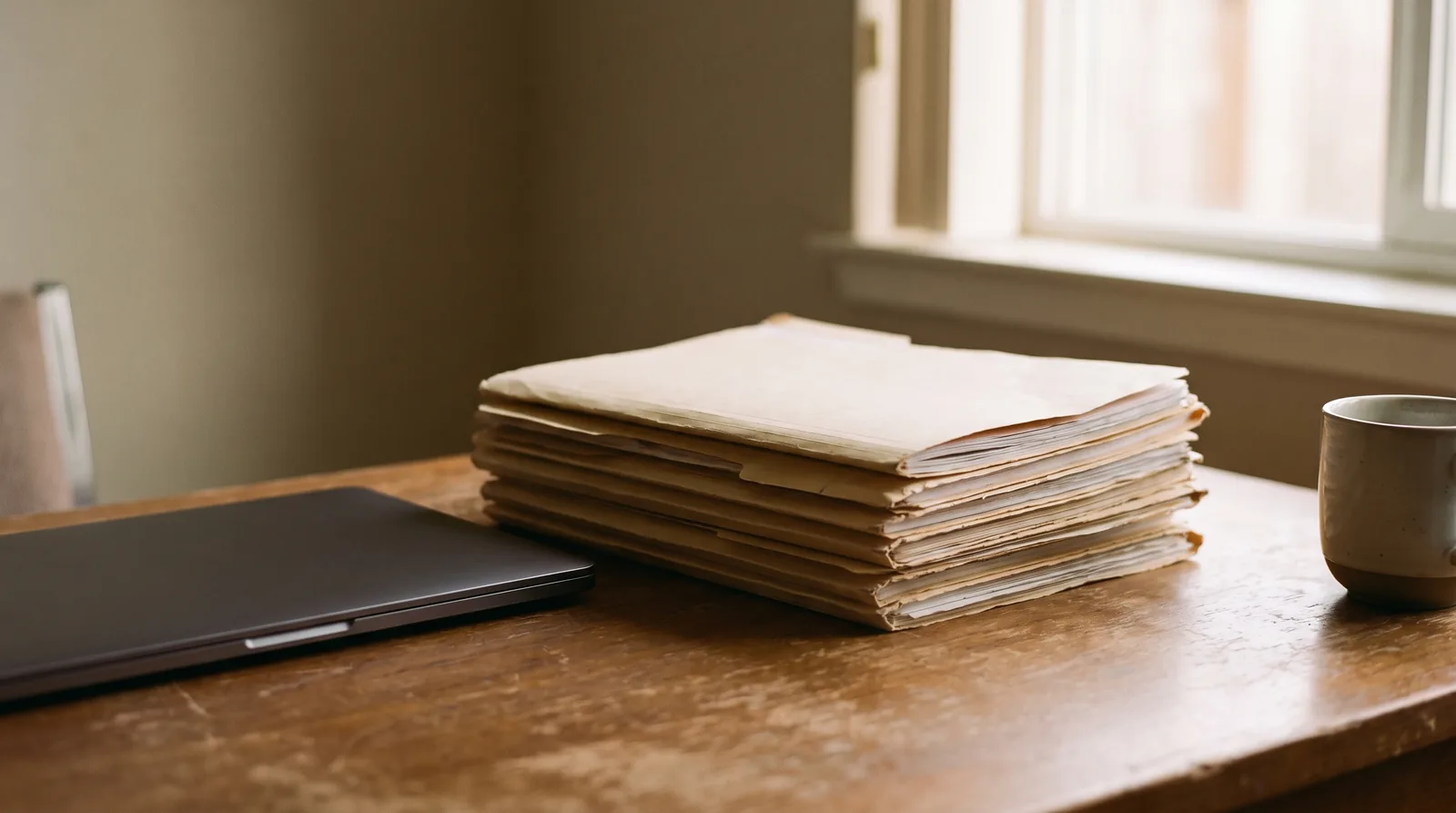 A stack of six manila property files on a wooden desk beside a closed laptop.