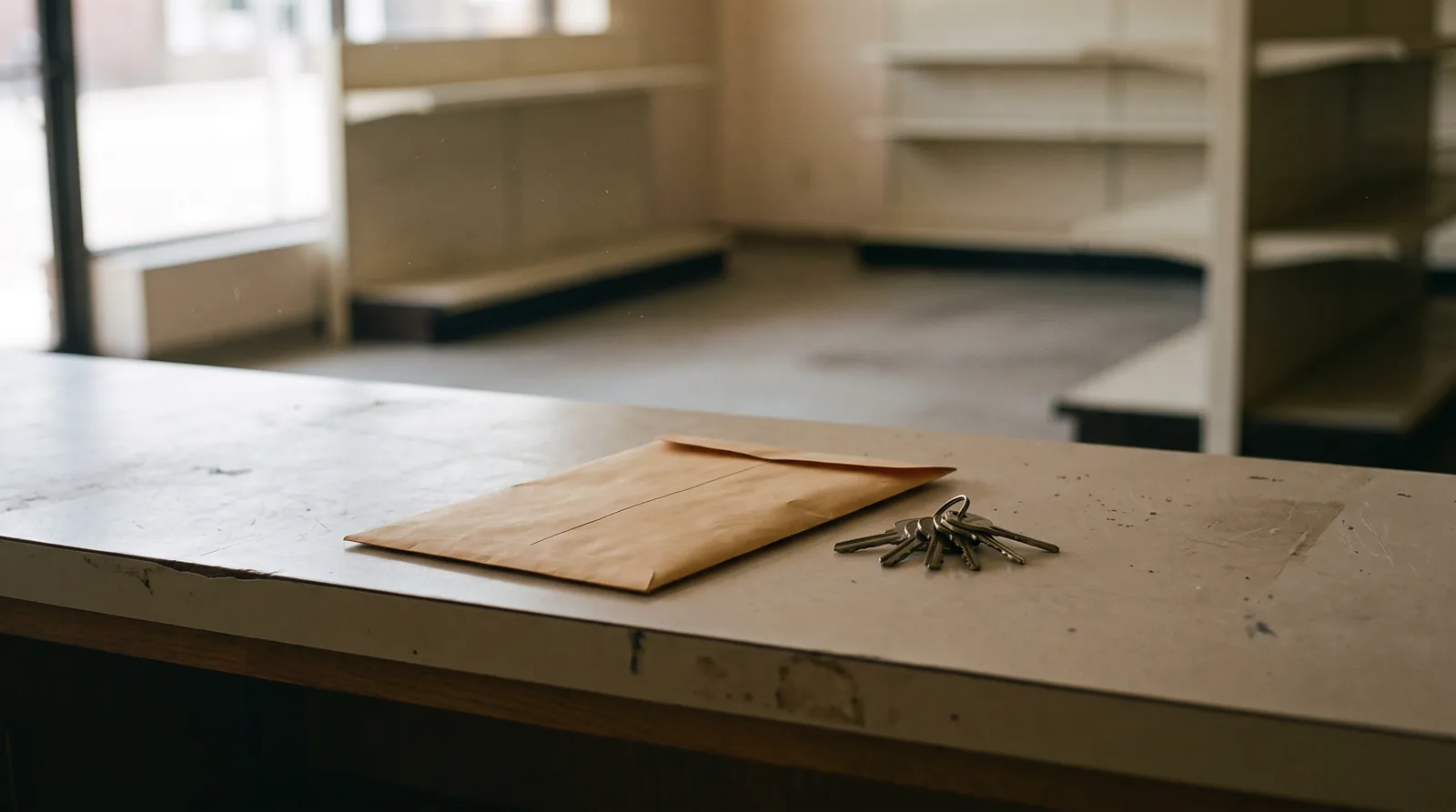 An unopened envelope and a set of keys on an empty counter in a vacant retail unit.